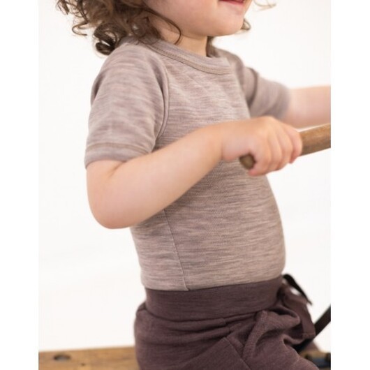 Body Med Kort Ärm Och Knappstängning Ãver Ena Axeln För Baby, Tillverkad Av 100 % Ekologisk Merinoull Beige Melange 62