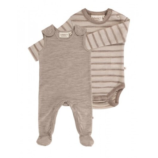 2-pack Ullpaket Till Baby, Romper Med Fötter & Body Med Knapp I 100% Merinoull 68 Beige Melange - Beige Stribe