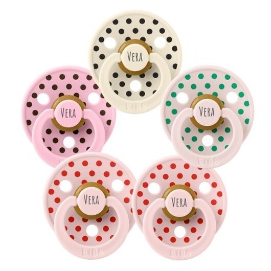 Bibs Studio Polka Dots Colour, Storlek 1 (0-6 Mån.), Rund - Latex, Namnnappar, 5-pack