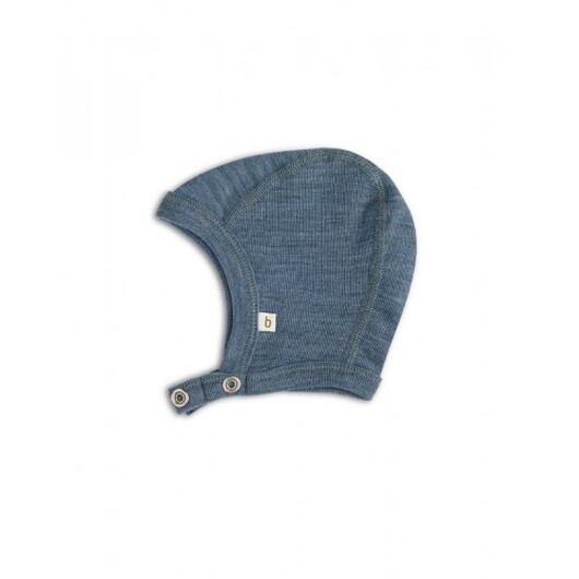 Babymössa Med Tryckknappar I 100% Ekologisk Merinoull, Tjock Design - 2 Lager Tyg 62/68 Blue Mélange