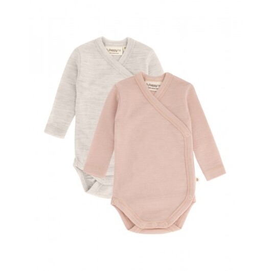 Body Med Lång Ärm Och Omlottstängning För Baby, I 100% Ekologisk Merinoull, 2-pack Rose Melange 74