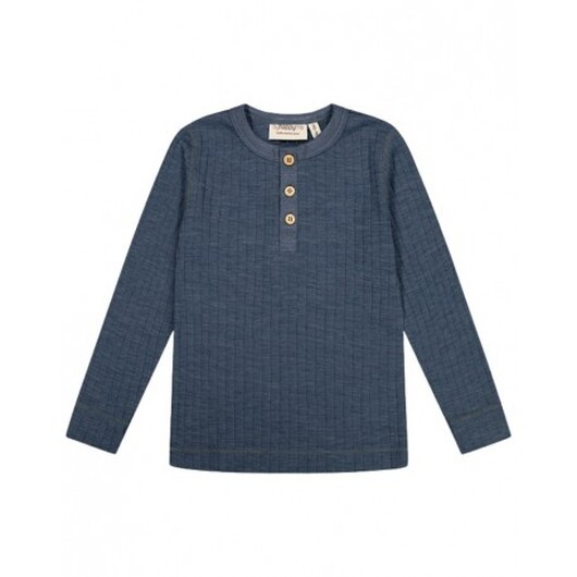 Långärmad T-shirt Med Granddad-knäppning, Dropneedle-stickad, 100% Merinoull, Oeko-texÂ®