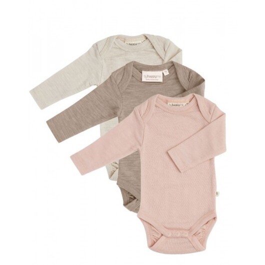 Baby Body Med Långa Ärmar Och Amerikansk Stängning, 100% Ekologisk Merinoull , 3-pack 86 Spring Rose