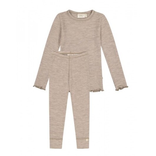 Flickset I Merinoull, Oeko-texÂ®  -  Långärmad T-shirt & Leggings,1x1 Ribb Beige Melange 134/140