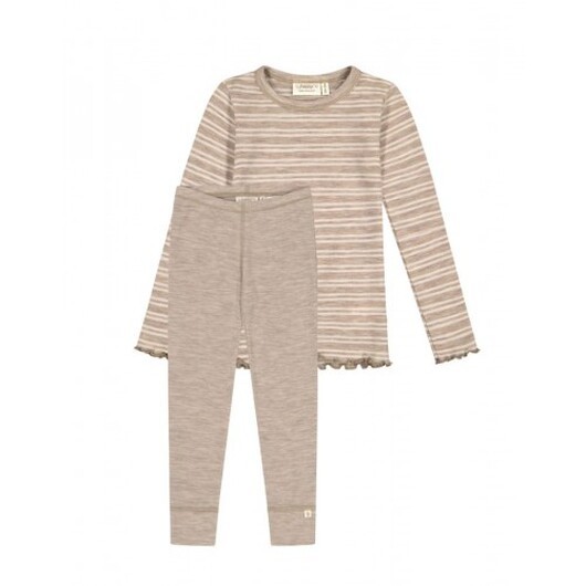 Flickset I Merinoull, Oeko-texÂ®  -  Långärmad T-shirt & Leggings,1x1 Ribb Stribe: Beige/nature Melange 122/128
