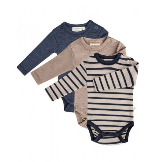 Babybody Med Lång Ärm Och Rund Halsringning I 100% Ekologisk Merinoull, 3-pack 92 Nature/navy Melange