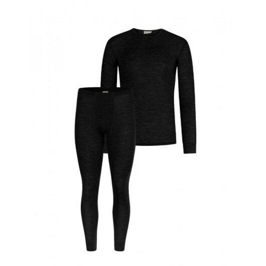 Herrset I Merinoull  -  Långärmad T-shirt & Longjohns, 1x1 Ribb Black Xxl