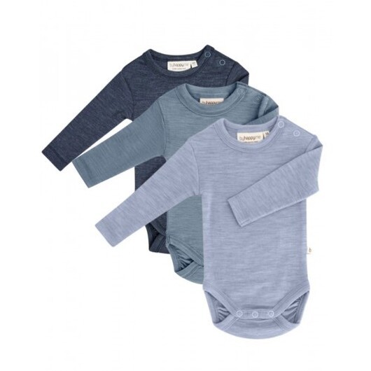 Babybody Med Lång Ärm Och Rund Halsringning I 100% Ekologisk Merinoull, 3-pack 68 Deep Ocean