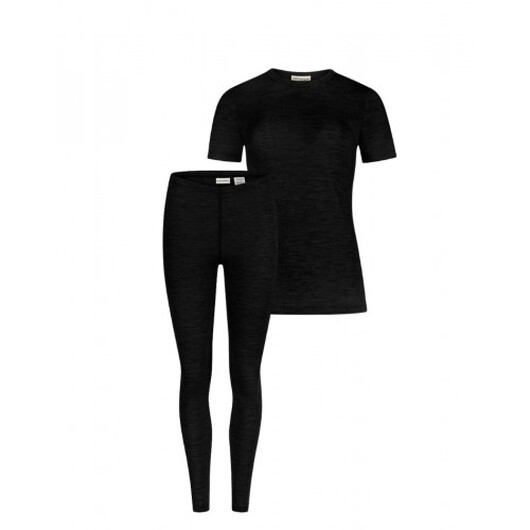 Damset I 100 % Merinoull, Kortärmad Topp Och Leggings, 1x1 Ribb Black S