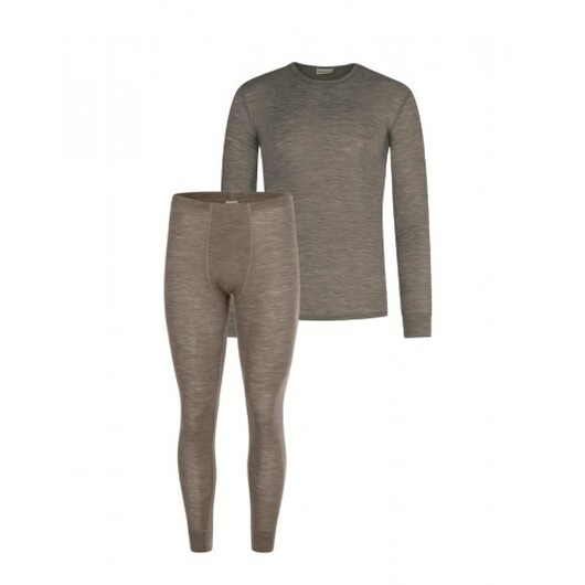 Herrset I Merinoull  -  Långärmad T-shirt & Longjohns, 1x1 Ribb Light Brown Melange L