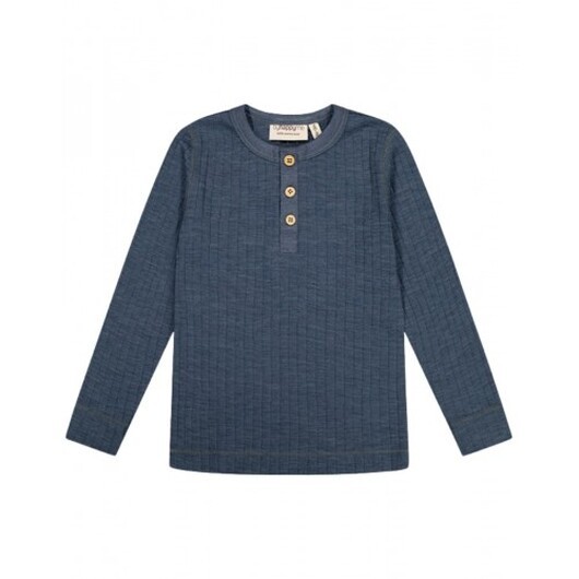 Långärmad T-shirt Med Granddad-knäppning, Dropneedle-stickad, 100% Merinoull, Oeko-texÂ® Blue Mélange 134/140