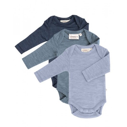 Baby Body Med Långa Ärmar Och Amerikansk Stängning, 100% Ekologisk Merinoull , 3-pack 56 Deep Ocean