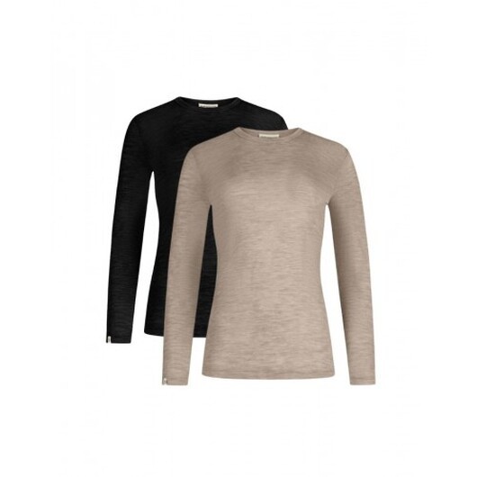 Långärmad T-shirt Dam I 100% Merinoull, 1x1 Ribb, 2-pack L Black/beige Melange