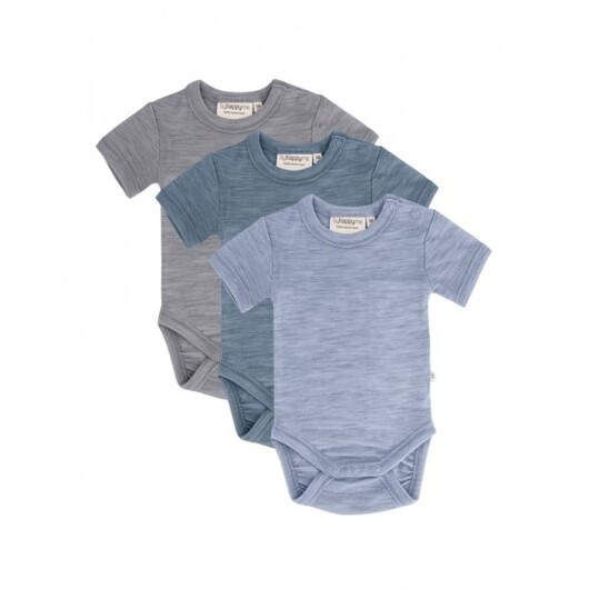 Body Med Kort Ärm Och Knappstängning Ãver Ena Axeln För Baby, Tillverkad Av 100 % Ekologisk Merinoull, 3-pack 92 Nordic Sea