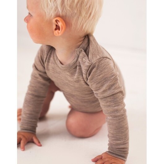 Babybody Med Lång Ärm Och Rund Halsringning I 100% Ekologisk Merinoull Beige Melange 56