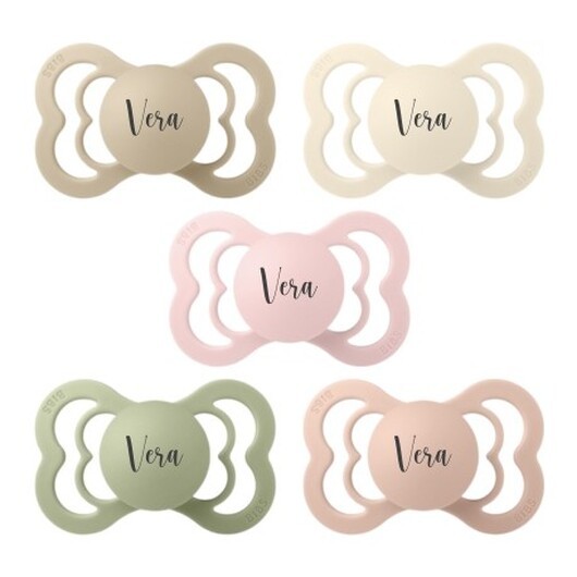 Bibs Supreme, Storlek 2 (6+ Mån.), Symmetrisk - Latex, Namnnappar , 5-pack
