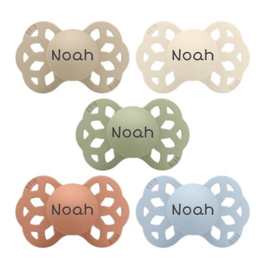 Bibs Infinity, Storlek 1 (0-6 M), Symetrisk - Silikon, Nappar Med Namn , 5-pack