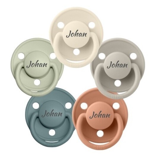 Bibs De Lux, One Size (0-36 Mån.), Rund - Silikon,namnnappar, 5-pack