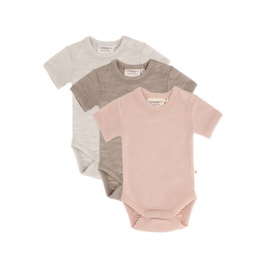 Body Med Kort Ärm Och Knappstängning Ãver Ena Axeln För Baby, Tillverkad Av 100 % Ekologisk Merinoull, 3-pack Rose Melange 80