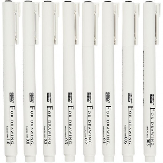 Fine Line skriv/rittusch, spets: 0,03+0,05+0,1+0,2+0,3+0,5+0,8+1,0 mm, 8 st., svart