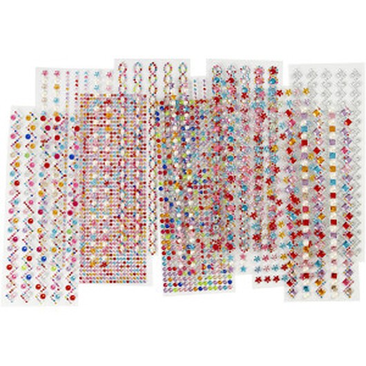 Rhinestones/Rhinstenar, Dia. 2-10 mm, ark 27x9 cm, Innehållet kan variera , 12 mix. ark/ 1 förp.