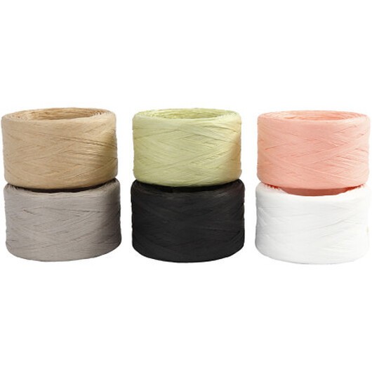 Raffia Pappersgarn, B: 7-8 mm, Ass. färger, 6x100m/ 1 frp.