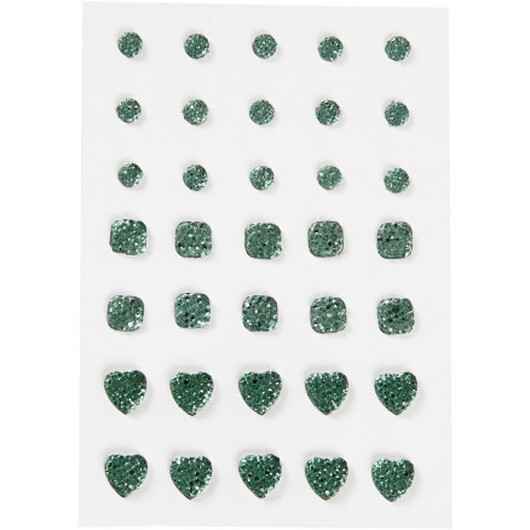 Strass, rund, fyrkantig, hjärta, storlek 6+8+10 mm, grön, 35 st / 1 frp.