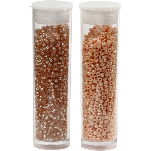 Rocai-pärlor, diam. 1,7 mm, storlek 15/0, hålstorlek 0,5-0,8 mm, persika, ljus persika, 2x7g/ 1 frp.