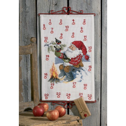 Permin Broderikit Aida Julkalender Nisse vid Brasa 35x56cm