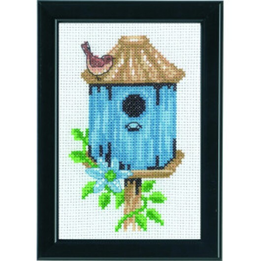 Permin Broderikit Fågelholkar Blå 9x14cm