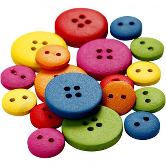Träknappar, dia. 12-20 mm, hålstl. 1,5-2 mm, 360 st., assorterade färger, kinesiskt bärträ
