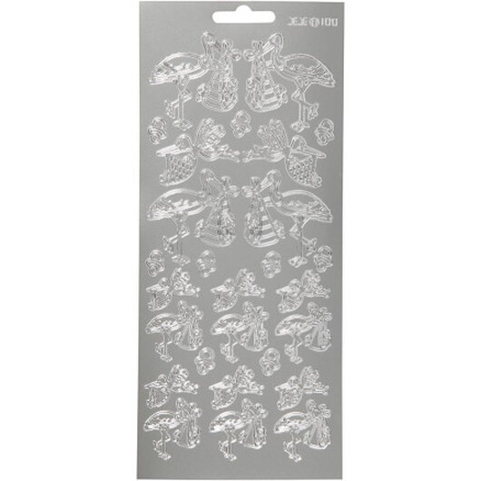 Stickers, stork med baby, ark 10x23 cm, silver, 1 ark