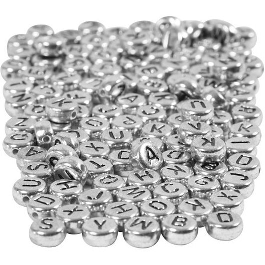 Bokstavspärlor, Dia. 7 mm, Hålstl. 1,2 mm, ca. 1500 st., silver, 165 g/ 1 förp.