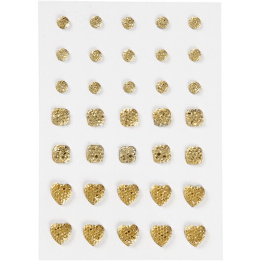 Strass, rund, fyrkantig, hjärta, storlek 6+8+10 mm, guld, 35 st / 1 pk.