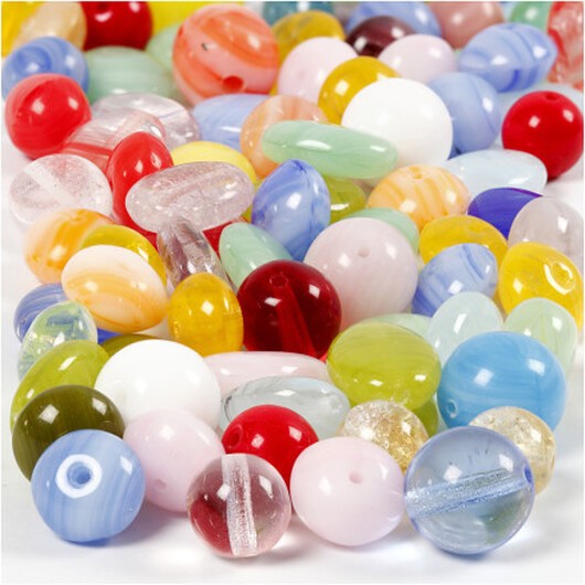 Glaspärlor, runda, ovala, runda platta, diam. 6-13 mm, hålstorlek 0,5-1,5 mm, Ass. färger, 60g/ 1 frp.