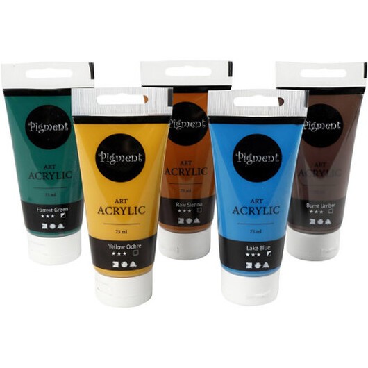 Akrylfärg, naturfärger, halvblank, mixade färger, 5x75 ml/ 1 förp.