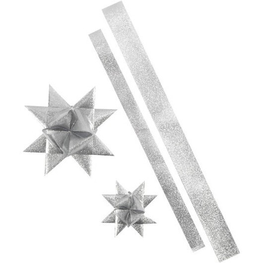 Stjärnstrimlor, L: 86+100 cm, B: 25+40 mm, Dia. 11,5+18,5 cm, silverglitter, 16 strimlor/ 1 förp.