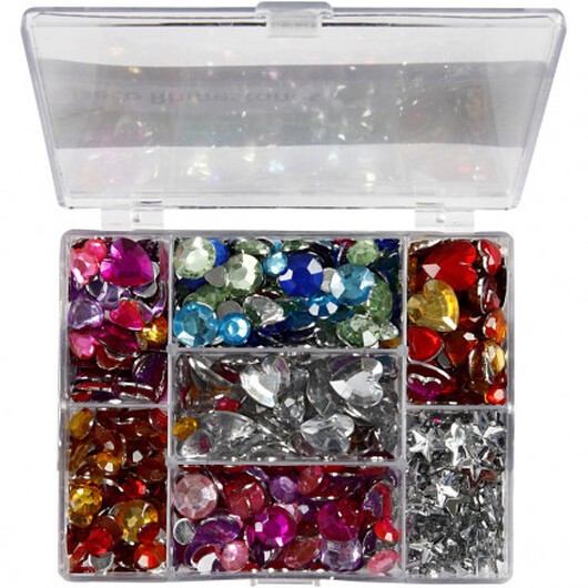Rhinstenar / Strass i ask, dia. 6+7+9+10+11+12+14+16 mm, utv. mått 16,4x9,2x1,5 cm, 300 st., blå, silver, rosa