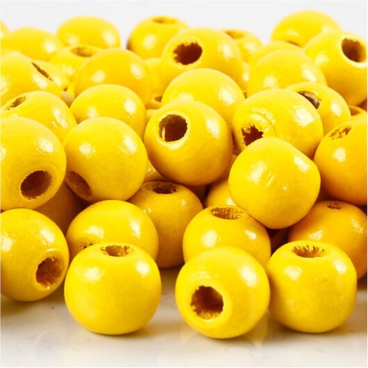 Träpärlor, diam. 12 mm, hålstorlek 3 mm, gul, 22g/ 1 frp.