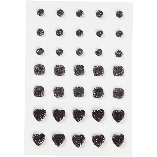 Rhinestones, (rund, fyrkant, hjärta), stl. 6+8+10 mm, svart, 35 st./ 1 förp.