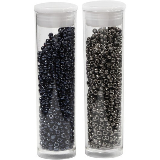 Rocai-pärlor, diam. 1,7 mm, storlek 15/0, hålstorlek 0,5-0,8 mm, svart, mörkgrå metallic, 2x7g/ 1 frp.