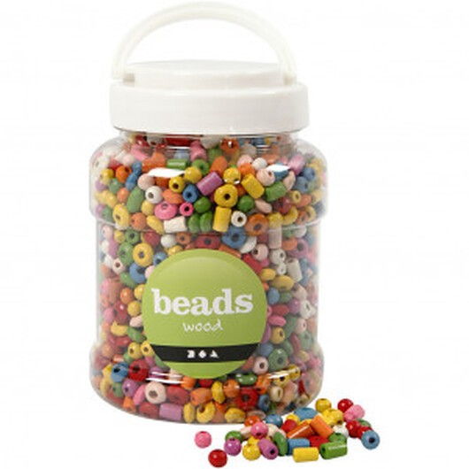 Träpärlor, dia. 5-8 mm, hålstl. 1,5 mm, assorterade färger, china berry, 400 ml,175 g, ca 2170 st