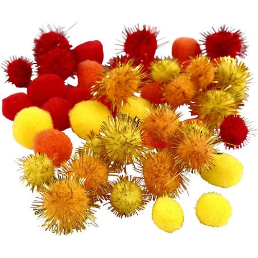 Pompoms, Dia. 15+20 mm, orange, röd, gul, 48 st./ 1 förp.