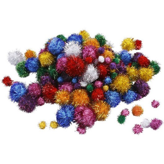 Pompoms,pompong, Dia. 15-40 mm, glitter, starka färger, 150 st./ 1 förp.