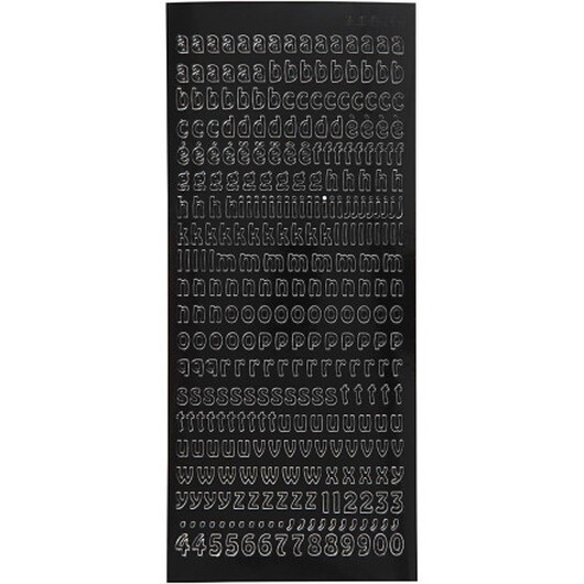 Stickers, små bokstäver, gemener, ark 10x23 cm, svart, 1 ark