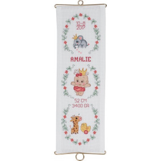 Permin Broderikit Aida Klocksträng Födelsetavla Amalie m. Beslag 14x42cm