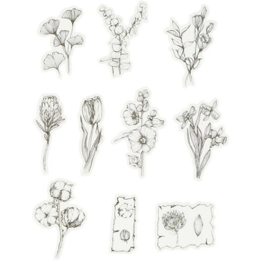 Washi klistermärken, Svarta/ vita blommor, storlek 30-50 mm, 30 st / 1 pk.