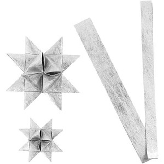 Stjärnstrimlor, L: 44+78 cm, B: 15+25 mm, Dia. 6,5+11,5 cm, silver, 32 strimlor/ 1 förp.