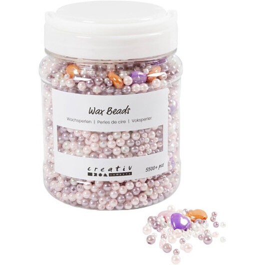 Vaxpärlor, hålstorlek 1,3-2,5 mm, pastellorange, mjukt rosa, ljust lila, pärlemor, 700ml/ 1 ask, 425 g