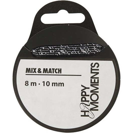 Satinband med tryck, B: 10 mm, svart, 8 m/ 1 rl.